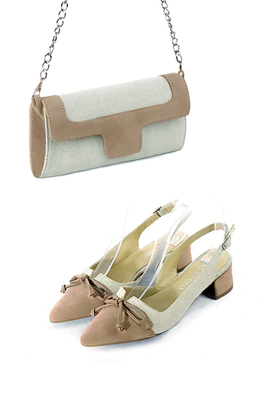 Women's natural beige and biscuit beige luxurious elegant clutch for ceremonies, weddings and evenings out. - Worn view